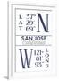 San Jose, California - Latitude and Longitude (Blue)-Lantern Press-Framed Art Print