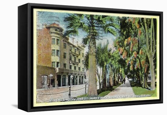 San Jose, California - North 1st Street View of St. James Hotel and Park-Lantern Press-Framed Stretched Canvas