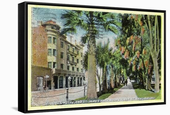 San Jose, California - North 1st Street View of St. James Hotel and Park-Lantern Press-Framed Stretched Canvas