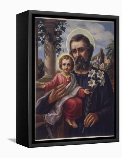 San Jose (Saint Joseph) Holds His Son in One Hand a Lily Stem in the Other-null-Framed Stretched Canvas