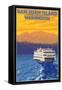 San Juan Island, Washington - Ferry and Mountains-Lantern Press-Framed Stretched Canvas