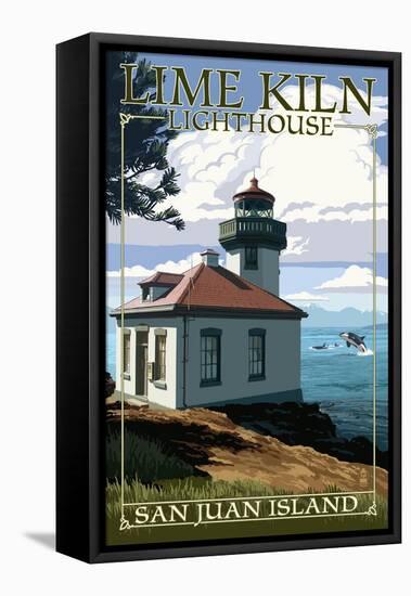 San Juan Island, Washington - Lime Kiln Lighthouse Day Scene-Lantern Press-Framed Stretched Canvas