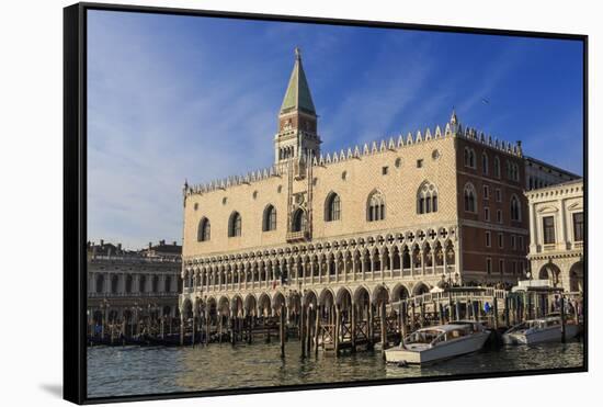 San Marco waterfront bathed in afternoon sun, Campanile and Doge's Palace, Venice, UNESCO World Her-Eleanor Scriven-Framed Stretched Canvas