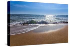 Sand Sea Beach and Blue Sky after Sunrise and Splash of Seawater with Sea Foam and Waves-fototo-Stretched Canvas