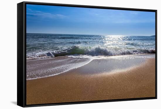 Sand Sea Beach and Blue Sky after Sunrise and Splash of Seawater with Sea Foam and Waves-fototo-Framed Stretched Canvas