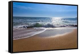 Sand Sea Beach and Blue Sky after Sunrise and Splash of Seawater with Sea Foam and Waves-fototo-Framed Stretched Canvas