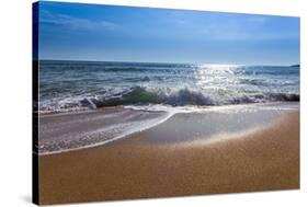 Sand Sea Beach and Blue Sky after Sunrise and Splash of Seawater with Sea Foam and Waves-fototo-Stretched Canvas