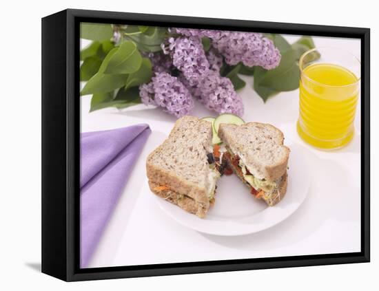 Sandwich and Juice on Table with Purple Flowers-null-Framed Stretched Canvas