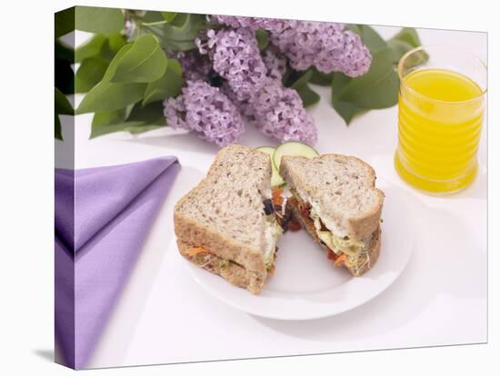 Sandwich and Juice on Table with Purple Flowers-null-Stretched Canvas