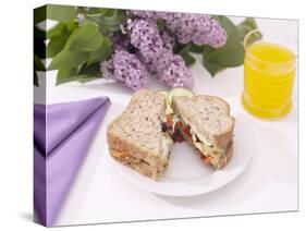 Sandwich and Juice on Table with Purple Flowers-null-Stretched Canvas