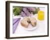 Sandwich and Juice on Table with Purple Flowers-null-Framed Photographic Print