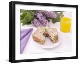 Sandwich and Juice on Table with Purple Flowers-null-Framed Photographic Print