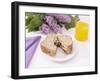 Sandwich and Juice on Table with Purple Flowers-null-Framed Photographic Print