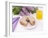 Sandwich and Juice on Table with Purple Flowers-null-Framed Photographic Print