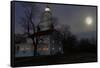 Sandy Hook Lighthouse With Full Moon-George Oze-Framed Stretched Canvas