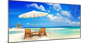 Sandy Tropic Beach Umbrella-null-Mounted Art Print