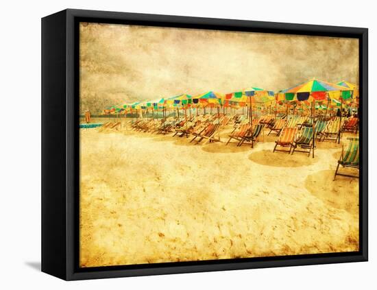 Sandy Tropical Beach in Grunge and Retro Style.-Elenamiv-Framed Stretched Canvas