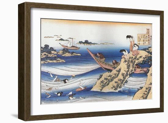 Sangi Takamura,9th CE.Female divers dive for abalone,a mussel.-Katsushika Hokusai-Framed Giclee Print