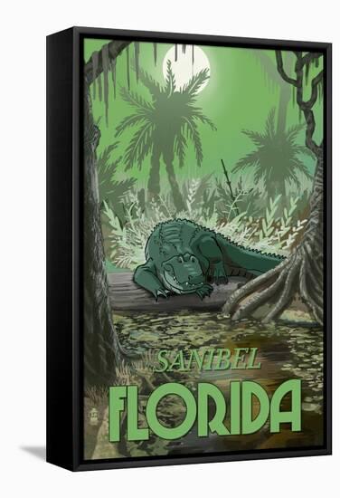 Sanibel, Florida - Alligator in Swamp-Lantern Press-Framed Stretched Canvas