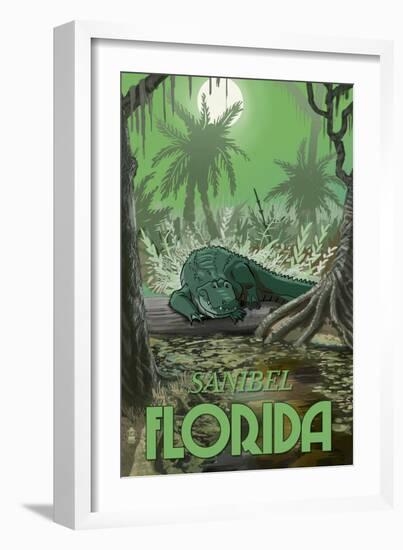 Sanibel, Florida - Alligator in Swamp-Lantern Press-Framed Art Print