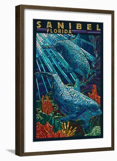 Sanibel, Florida - Dolphins Paper Mosaic-Lantern Press-Framed Art Print
