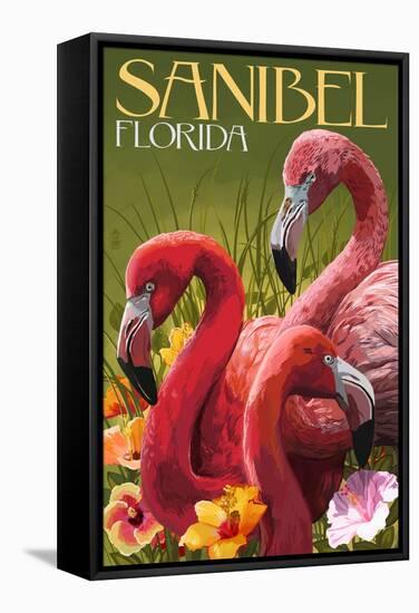 Sanibel, Florida - Flamingos-Lantern Press-Framed Stretched Canvas