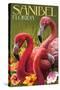 Sanibel, Florida - Flamingos-Lantern Press-Stretched Canvas