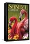 Sanibel, Florida - Flamingos-Lantern Press-Framed Stretched Canvas