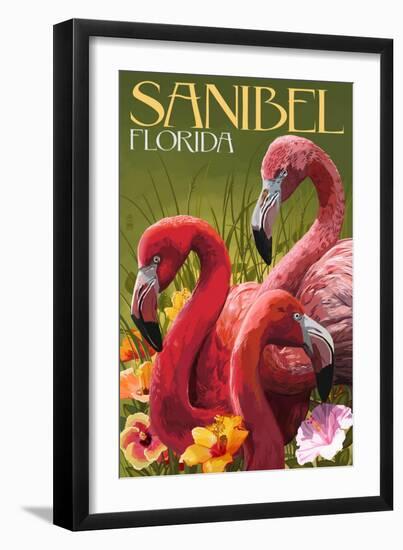 Sanibel, Florida - Flamingos-Lantern Press-Framed Art Print