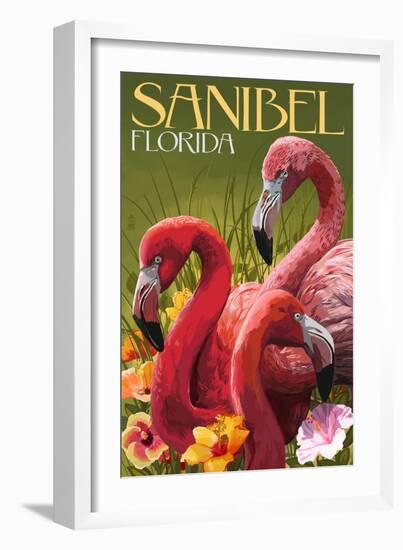 Sanibel, Florida - Flamingos-Lantern Press-Framed Art Print