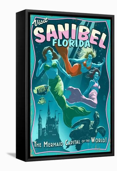 Sanibel, Florida - Live Mermaids-Lantern Press-Framed Stretched Canvas