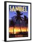 Sanibel, Florida - Palms and Sunset-Lantern Press-Framed Art Print