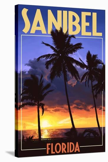 Sanibel, Florida - Palms and Sunset-Lantern Press-Stretched Canvas