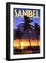 Sanibel, Florida - Palms and Sunset-Lantern Press-Framed Art Print