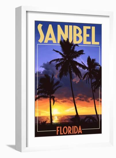 Sanibel, Florida - Palms and Sunset-Lantern Press-Framed Art Print