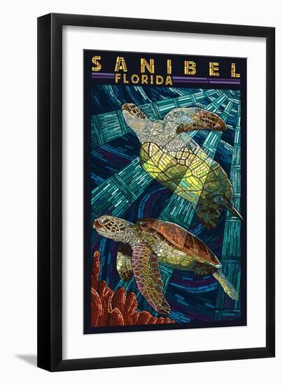Sanibel, Florida - Sea Turtle Paper Mosaic-Lantern Press-Framed Art Print