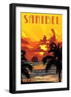 Sanibel, Florida - Sunset and Ship-Lantern Press-Framed Art Print