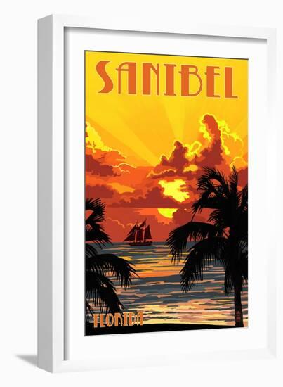 Sanibel, Florida - Sunset and Ship-Lantern Press-Framed Art Print