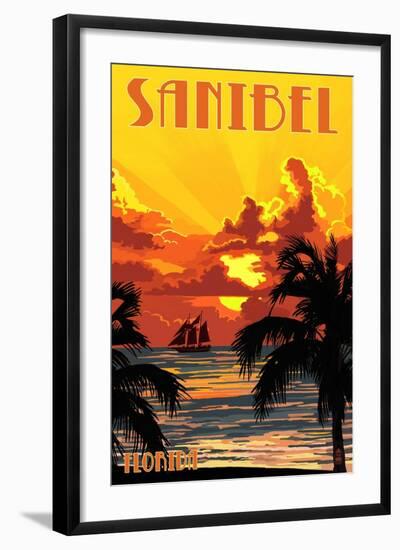 Sanibel, Florida - Sunset and Ship-Lantern Press-Framed Art Print