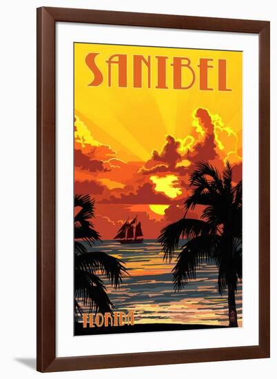 Sanibel, Florida - Sunset and Ship-Lantern Press-Framed Art Print