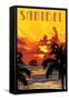Sanibel, Florida - Sunset and Ship-Lantern Press-Framed Stretched Canvas