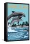 Sanibel Island, Florida - Dolphins Jumping-Lantern Press-Framed Stretched Canvas