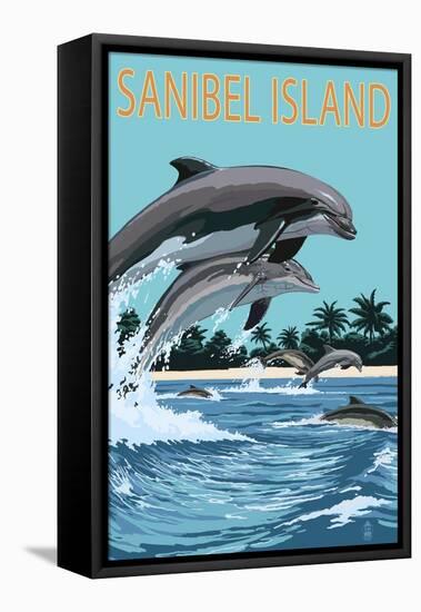 Sanibel Island, Florida - Dolphins Jumping-Lantern Press-Framed Stretched Canvas