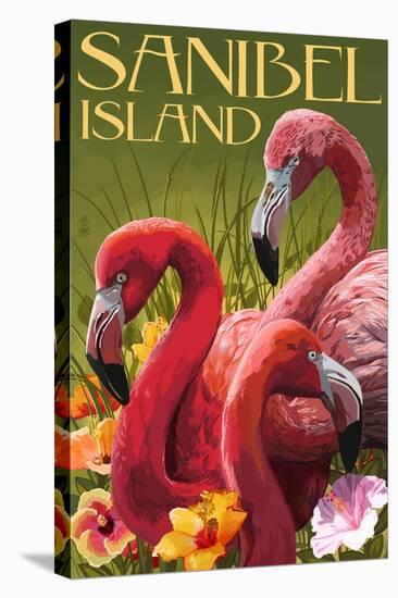 Sanibel Island, Florida - Flamingos-Lantern Press-Stretched Canvas