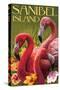 Sanibel Island, Florida - Flamingos-Lantern Press-Stretched Canvas