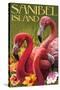 Sanibel Island, Florida - Flamingos-Lantern Press-Stretched Canvas