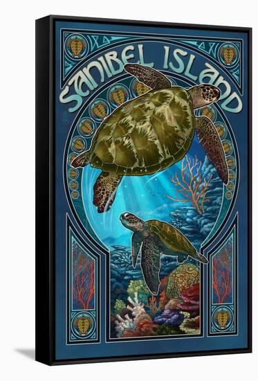 Sanibel Island, Florida - Sea Turtle Art Nouveau-Lantern Press-Framed Stretched Canvas