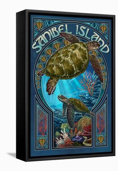 Sanibel Island, Florida - Sea Turtle Art Nouveau-Lantern Press-Framed Stretched Canvas