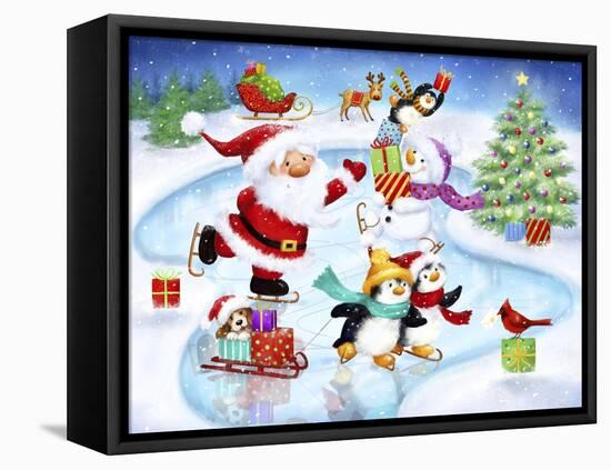 Santa and Friends Enjoy Skating-MAKIKO-Framed Stretched Canvas