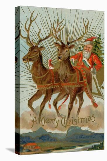 Santa and His Reindeer Flying Through the Sky with a Sleigh Full of Christmas Goodies-null-Stretched Canvas